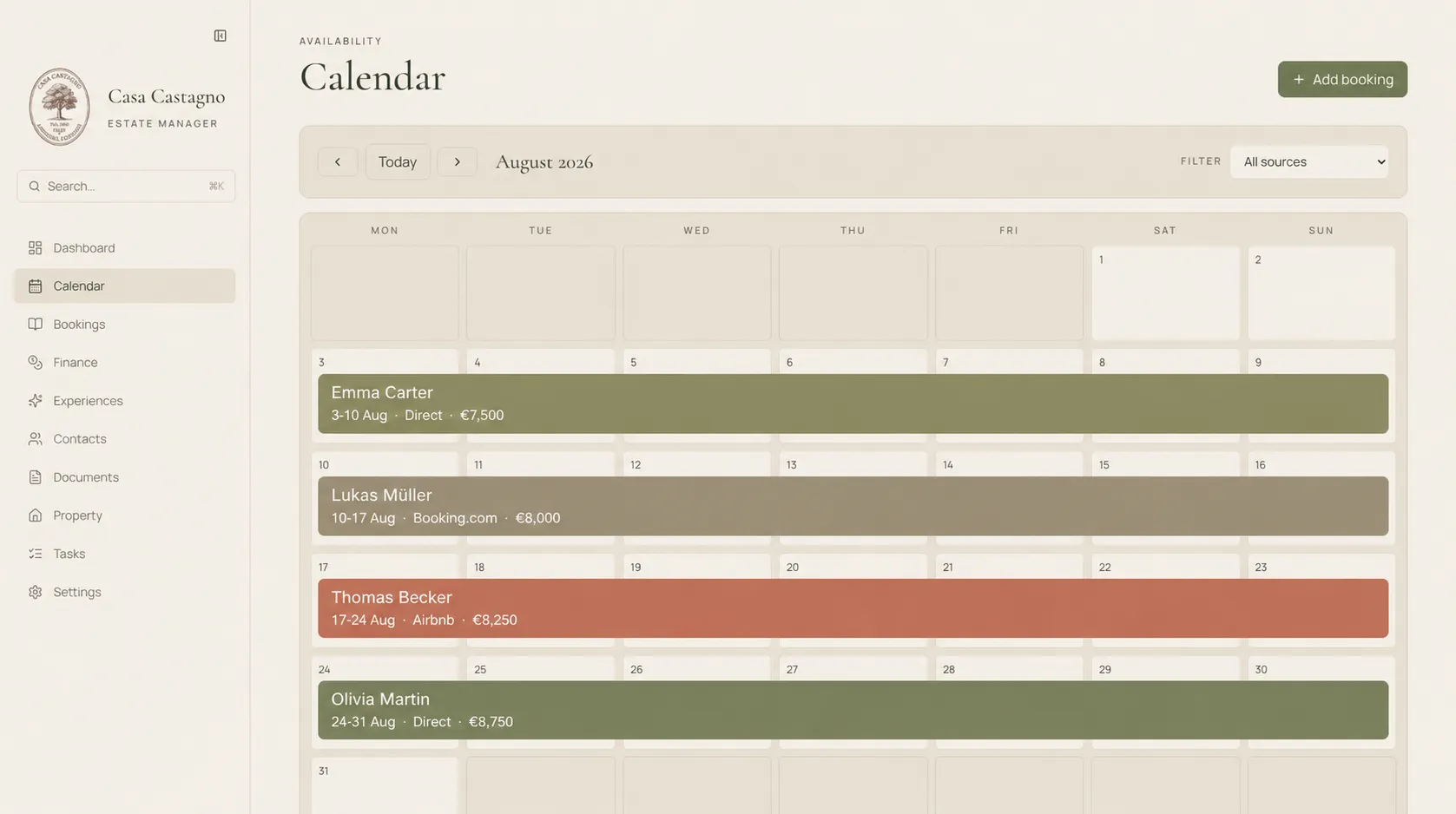 Calendario de disponibilidad por canal