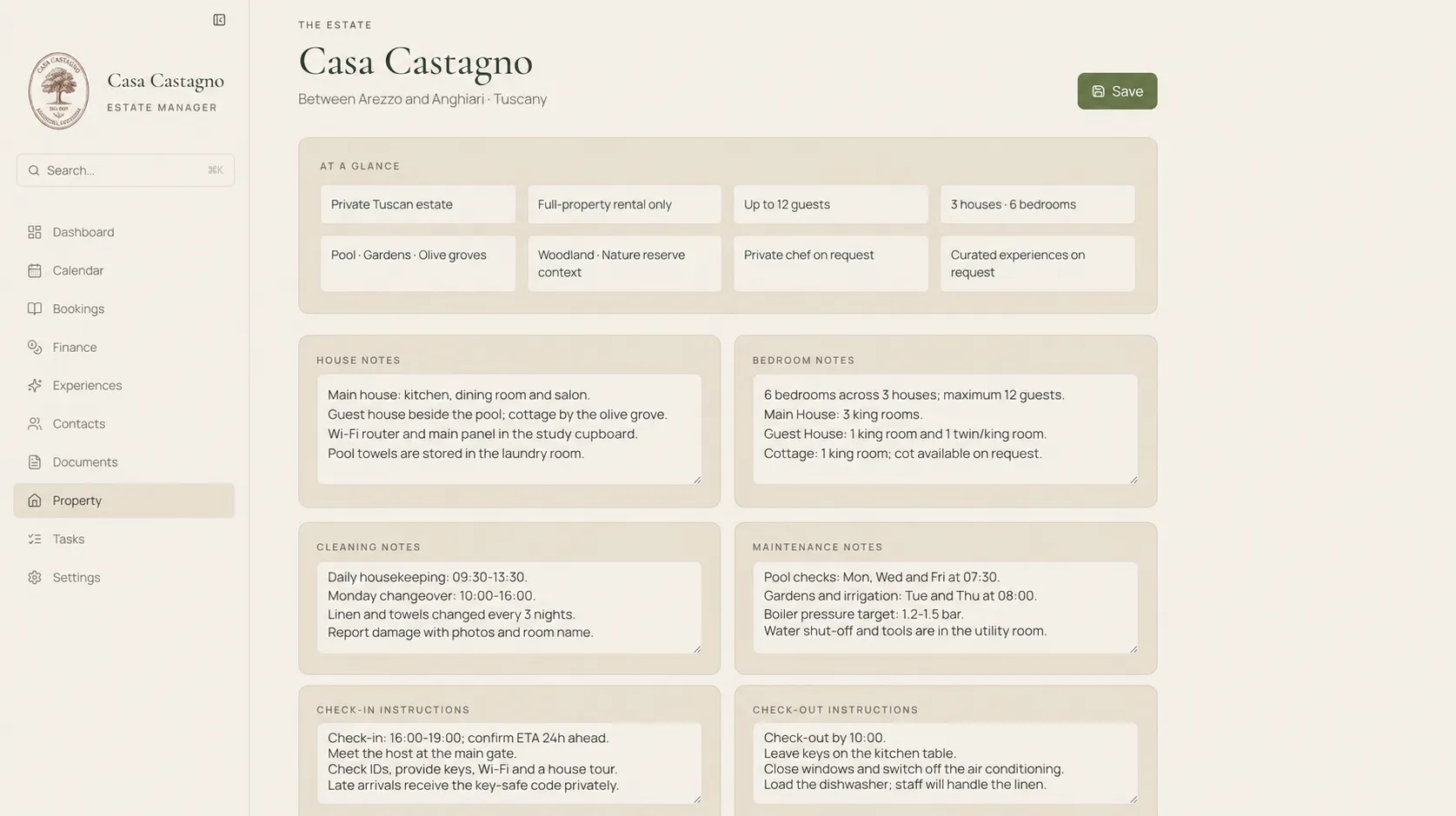Ficha de la propiedad y notas de la casa